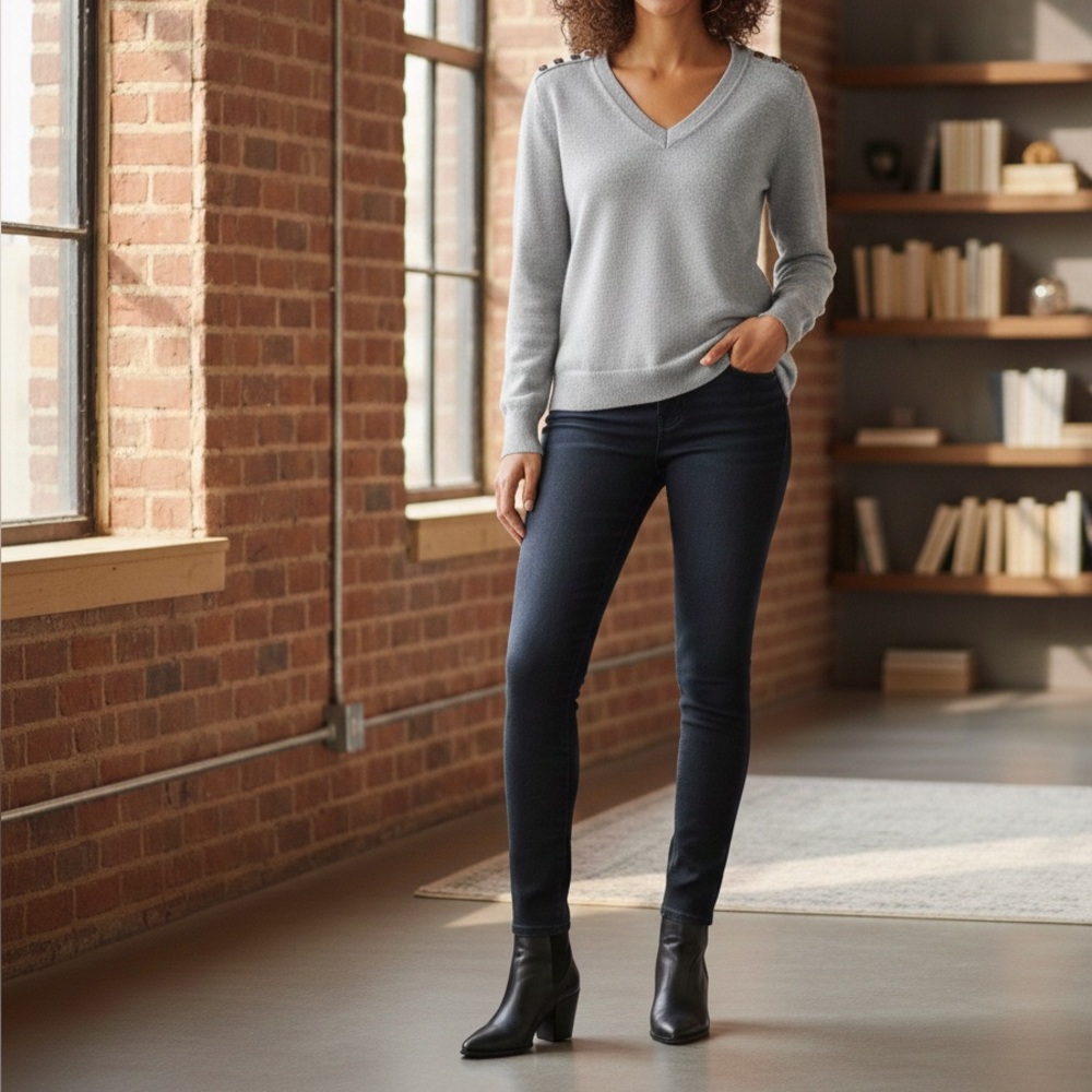 CAbi Light Gray V-Neck Sweater with Button Details